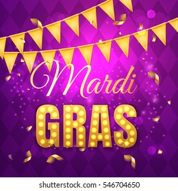 Vector typographical illustration of Mardi Gras beauty purple background with rhombus texture and gold festive flags, confetti. Celebration greeting card