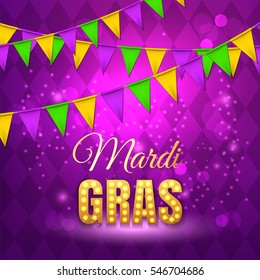 Vector typographical illustration of Mardi Gras beauty purple background with rhombus texture and multicolored festive flags, confetti. Celebration greeting card