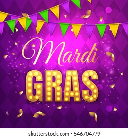 Vector typographical illustration of Mardi Gras beauty purple background with rhombus texture and multicolored festive flags, confetti. Celebration greeting card