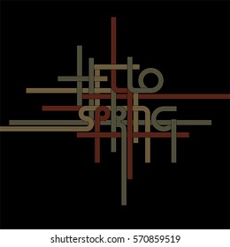 Vector typography background, phrase Hello Spring made with stripes. Template for card banner poster and print for t-shirt. Vintage texture in classic pastel colors on black background.
