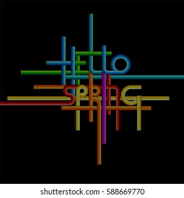Vector typography background, phrase Hello Spring made with stripes. Template for card banner poster and print for t-shirt. Vintage texture in rainbow colors on black background.
