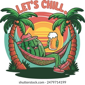 Vector typography cartoon watermelon summer beach t-shirt design and illustration. summer vibe