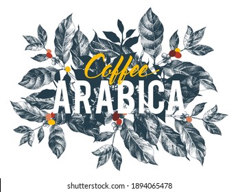 Vektor Typografie Coffee Arabica in Sketch Hand Zeichnung Illustration Stil