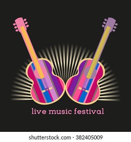 Vector Typography Concept live music festival acoustic guitar poster. Template for musical concert festival background. Live musician show emblem. Poster flyer banner symbols. Vector illustration.