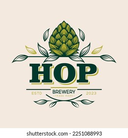 Vector Typography Design with Green Hand Drawn Cartoon Hop and Leaves. Emblem for Logo, Print. Label in Retro, Vintage Style. Hop with Outline