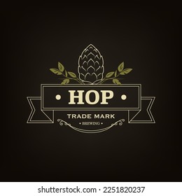 Vector Typography Design with Green Hand Drawn Cartoon Hop and Leaves. Emblem for Logo, Print. Label in Retro, Vintage Style. Hop with Outline
