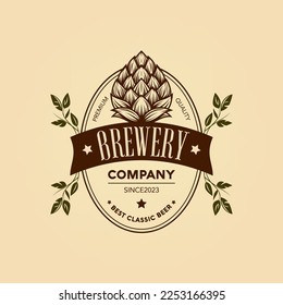 Vector Typography Design with Green Hand Drawn Cartoon Hop and Leaves. Emblem for Logo, Print. Label in Retro, Vintage Style. Hop with Outline