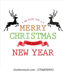 Vetor tipografia Saudação Feliz Natal e Feliz Ano Novo Texto com Silhuetas de Rena e Fita Vermelha Banner
