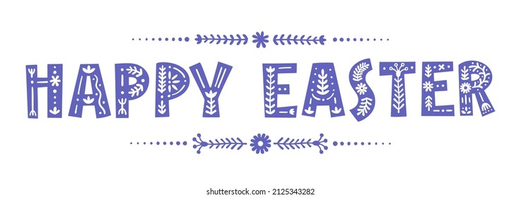 Vector typography HAPPY EASTER with patterns in folk ethnic style. Ornate lettering with floral ornament on an isolated white background. Purple letters for greeting card, banner, congratulations