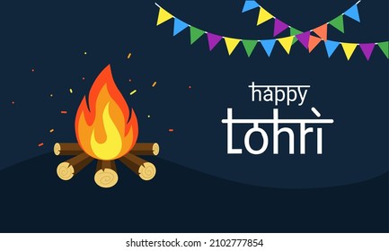 Vector typography, happy Lohri indian writing style, with bonfire and dark night background, as banner, greeting card or flyer, happy Lohri festival.