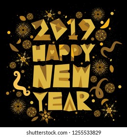 Vector typography of Happy New Year 2019 in black and gold design