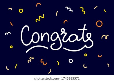 Vector typography illustration of word congrats with confetti on dark background. Congratulation inscription for greeting card, banner, invitation. Line art style design