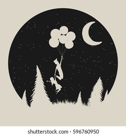 Vector typography label with girl and boy silhouette,who fly to moon. Strange night in forest.Vintage illustration