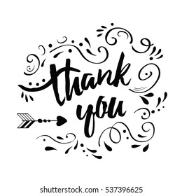 Vector typography lettering banner with text thank you decorated black abstract floral ornament on white background. Romantic hand made greeting card design.