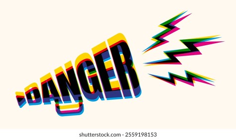 Vector typography with megaphone like text of danger. Lettering danger megaphone in glitch style. 