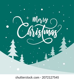 vector typography, merry christmas and new year, with landscape background, fir trees and snow, as a banner or christmas greeting card.
