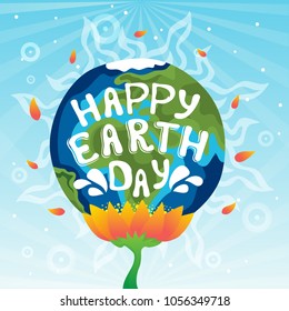 Vector typography motivational and inspirational poster with message Happy Earth Day on the background of the Earth, with yellow flower