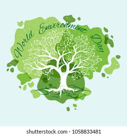 Vector typography motivational and inspirational poster with tree silhouette on green background and text: World Environment Day