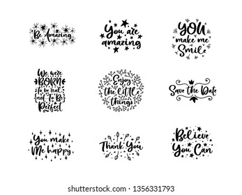 Vector typography motivational phrases set, hand lettering calligraphy. Vintage illustration with text. Can be used as a print on t-shirts and bags, banner or poster.