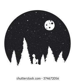 Vector typography poster with boy silhouette, starry night with the Moon and pine forest. Vintage style illustration. Inspiration art, home decoration design, t-shirt print