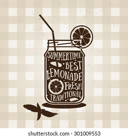 Vector typography poster with lemonade icon. Quote for card. Creative print. Silhouette style. Beverage menu illustration. Refreshing drink from lemons with herbs. Lemon Barley. 