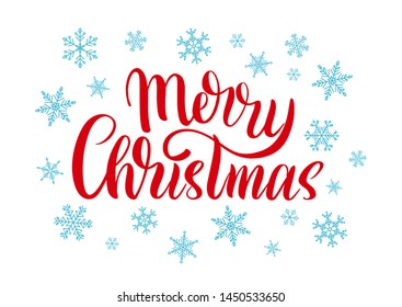 Vector typography poster Merry Christmas with snowflakes on white background. Merry Xmas Calligraphic Lettering for design, card, template, sale. Holiday Greeting poster, Merry Christmas card.