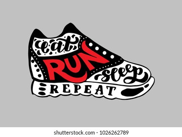 Vector typography poster with training shoes icon. Quote for card. Creative print. Silhouette style. Running shoe, sneaker isolated on grey background. Flat design. 10 eps