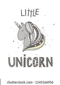 Vector typography poster with unicorn, hand drawn lettering and stars. Illustration.