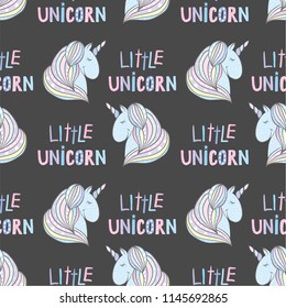 Vector typography poster with unicorn, hand drawn lettering and stars. Illustration. Vector background, pattern.