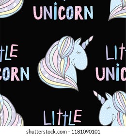 Vector typography poster with unicorn, hand drawn lettering and stars. Illustration.