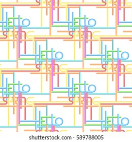 Vector typography seamless pattern, phrase Hello Spring made with stripes. Vintage texture in rainbow colors on white background.