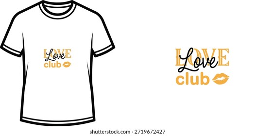 A vector typography t shirt design featuring the slogan "Love club" with a small kiss icon. The design combines two different font styles: a bold serif font for "LOVE" and a flowing script font for "club", creating a stylish and modern aesthetic suitable for apparel and merchandise.