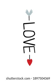 Vector typography text LOVE decorated arrow. Design calligraphy inscription for cards or banner for Valentines Day.