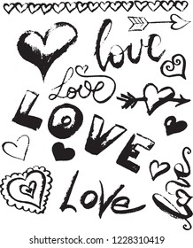 Vector typography text LOVE in different ways. Letters Love made on black color on the white background. Dry brush or chalk style
