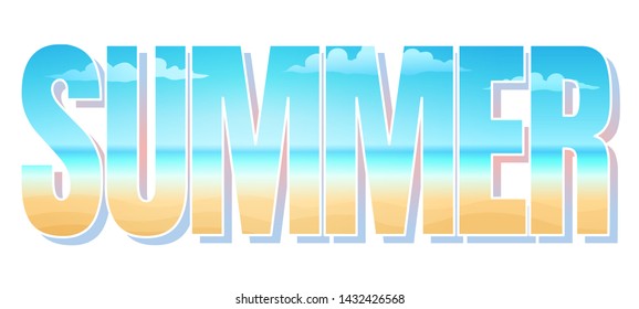 Vector typography with tropical beach. Vector summer lettring with tropical beach. Sand and sea. Summer sale time. 