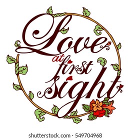 vector typography vintage design wording for Valentine day. love at sight. natural spring tone 