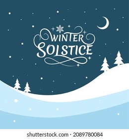 Vector typography, winter solstice, on snowy landscape background, elements for invitations, templates, posters, greeting cards.