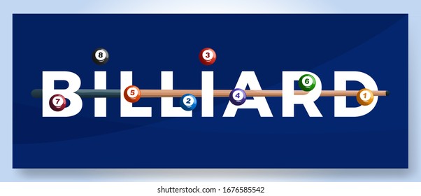 Vector typography word billiard logo. Sport logotype with equipment for print design vector illustration