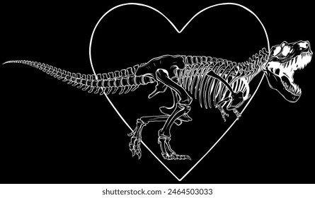 vector Tyrannosaurus Rex dinosaur skeleton in white line on black background