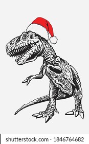 Vector tyrannosaurus in Santa Claus hat isolated on white background, new year illustration