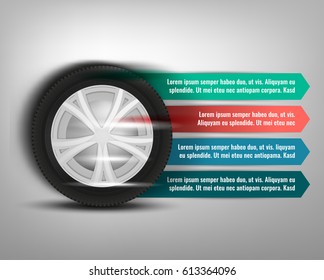 Vector tyre banners image. Modern idea for the landscape flyer, poster or leaflet design. Editable graphic layout with copyspace in grey, blue, pink, green and black colors.