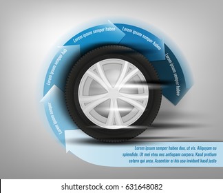 Vector tyre banners image. Modern idea for the landscape flyer, poster or leaflet design. Editable graphic layout with copyspace in grey, blue, white and black colors.