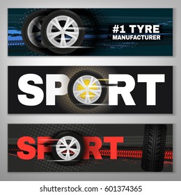 Vector tyre banners set image. Modern idea for landscape digital banner, flyer, poster and leaflet design. Editable graphic layout with copyspace in grey, blue, red, white and black colors. 