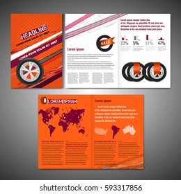 Vector tyre brochure. Modern idea for flyer, book, booklet, brochure and leaflet design. Editable graphic layout with copyspace in orange, white and red colors