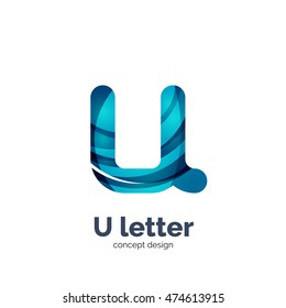 Vector U letter logo, modern abstract geometric elegant design, shiny light effect. Created with flowing waves