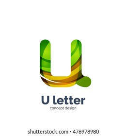Vector U letter logo, modern abstract geometric elegant design, shiny light effect. Created with flowing waves