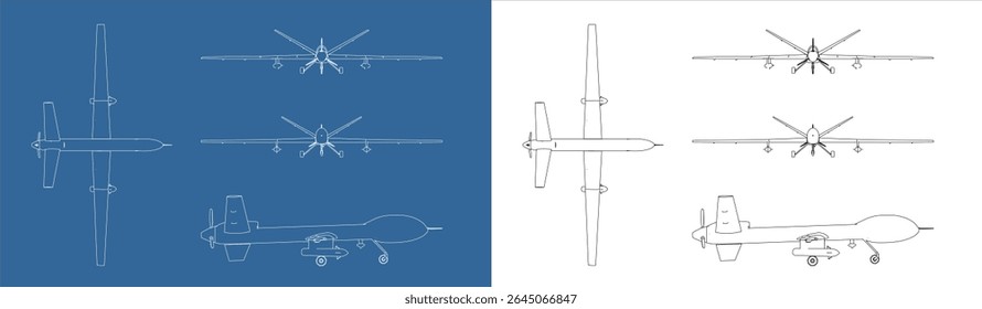 Vector UAV militar drone línea arte dibujar plano wireframe de todas las vistas superior frontal lateral trasero aislado en fondo transparente 