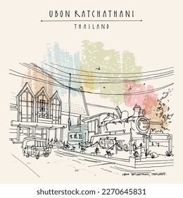 Vector Ubon Ratchathani Thailand postcard. Train station and old locomotive. Historical buildings in Ubon Ratchathani province in Northeastern Thailand (Isan). Travel sketch. Hand drawn vintage poster