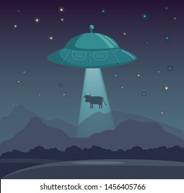 Vector UFO abducts cow illustration night sky