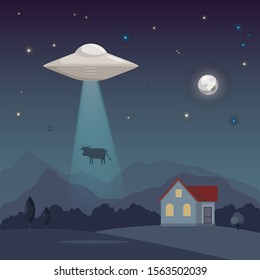 Vector UFO alien abduction of a cow in a field night sky illustration.